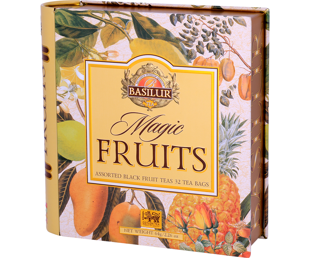 Herbata Basilur Magiczne Owoce widok z prawej strony z ozdobnym pudełkiem