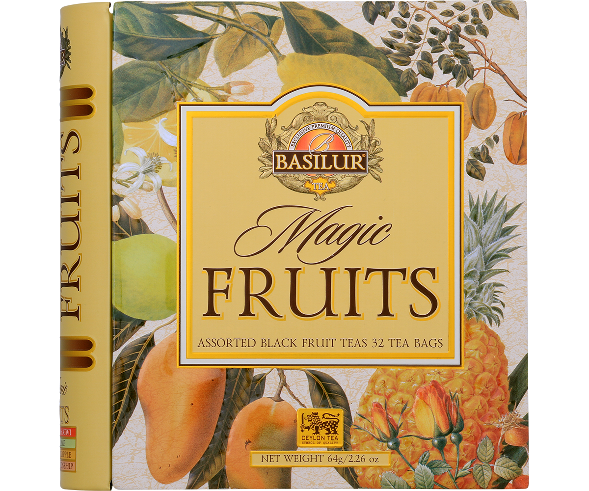 Zbliżenie na opakowanie herbat Basilur Magiczne Owoce z motywem owoców