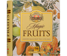Zbliżenie na opakowanie herbat Basilur Magiczne Owoce z motywem owoców