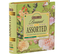 Bok ozdobnego pudełka herbat Basilur Bouquet z kwiatowym motywem.