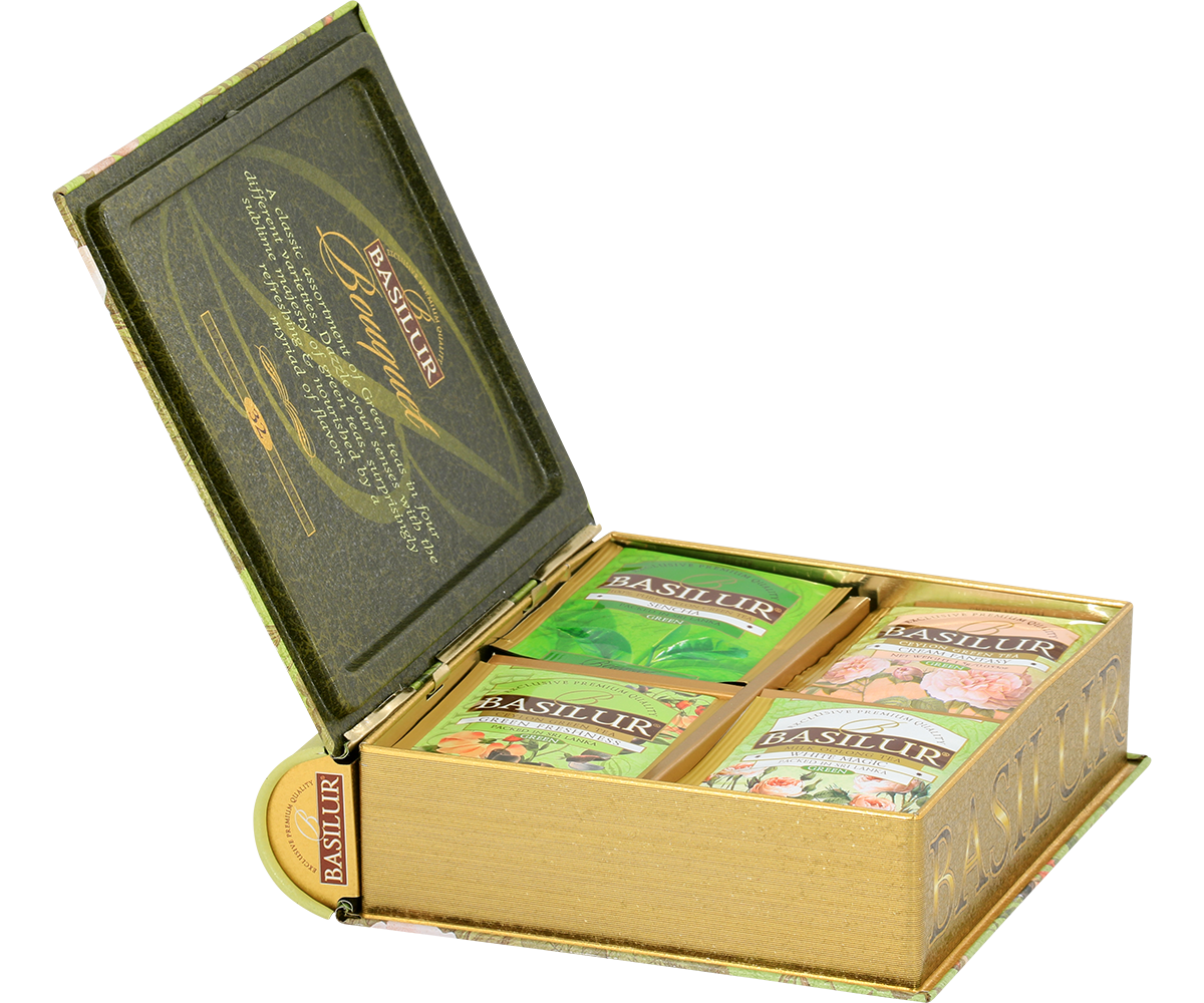 Otwarte opakowanie Basilur Bouquet Book z czterema rodzajami herbat.
