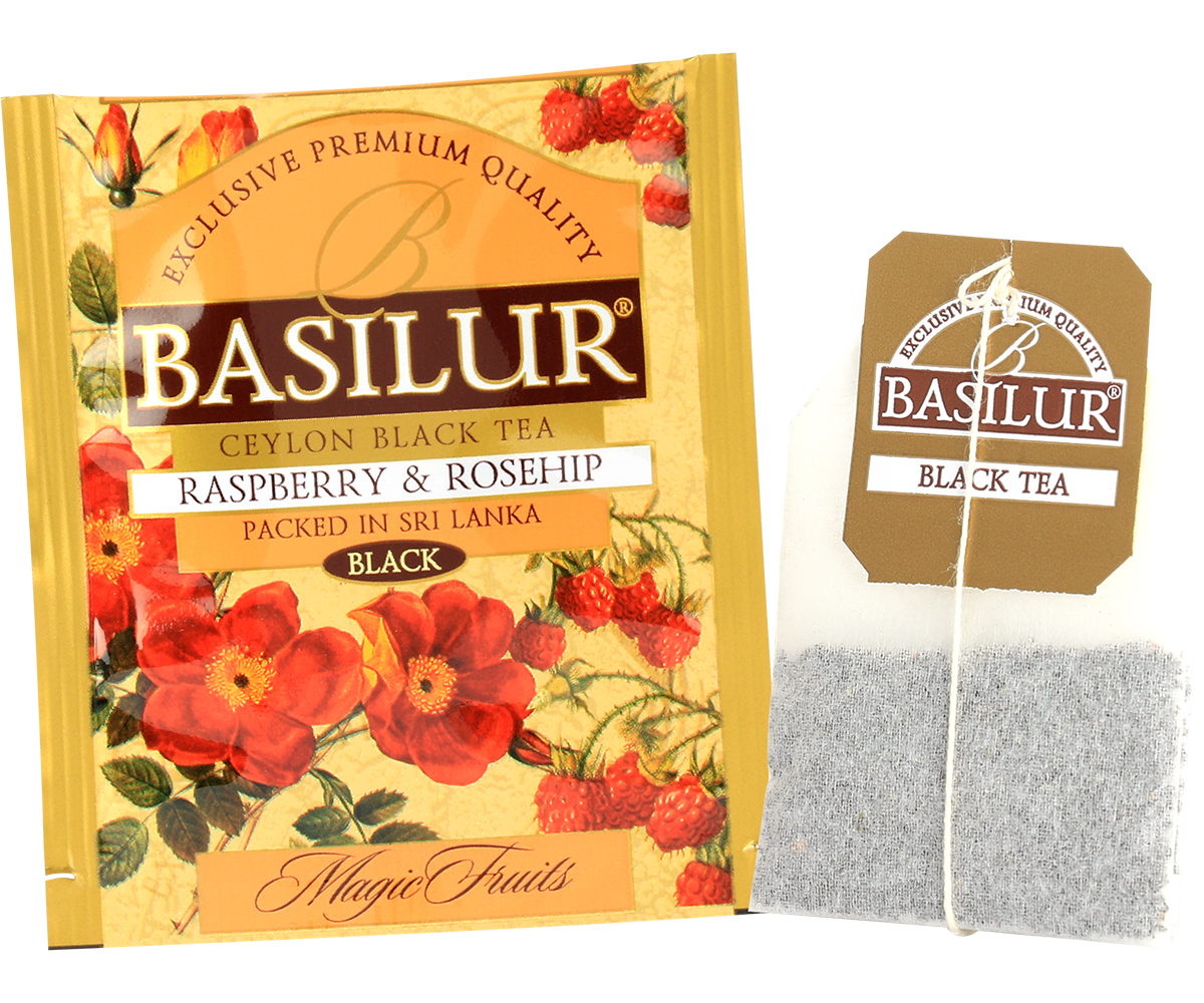 Zbliżenie na opakowanie herbat Basilur Collection No. 1 z motywem kwiatów i owoców