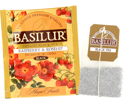 Zbliżenie na opakowanie herbat Basilur Collection No. 1 z motywem kwiatów i owoców