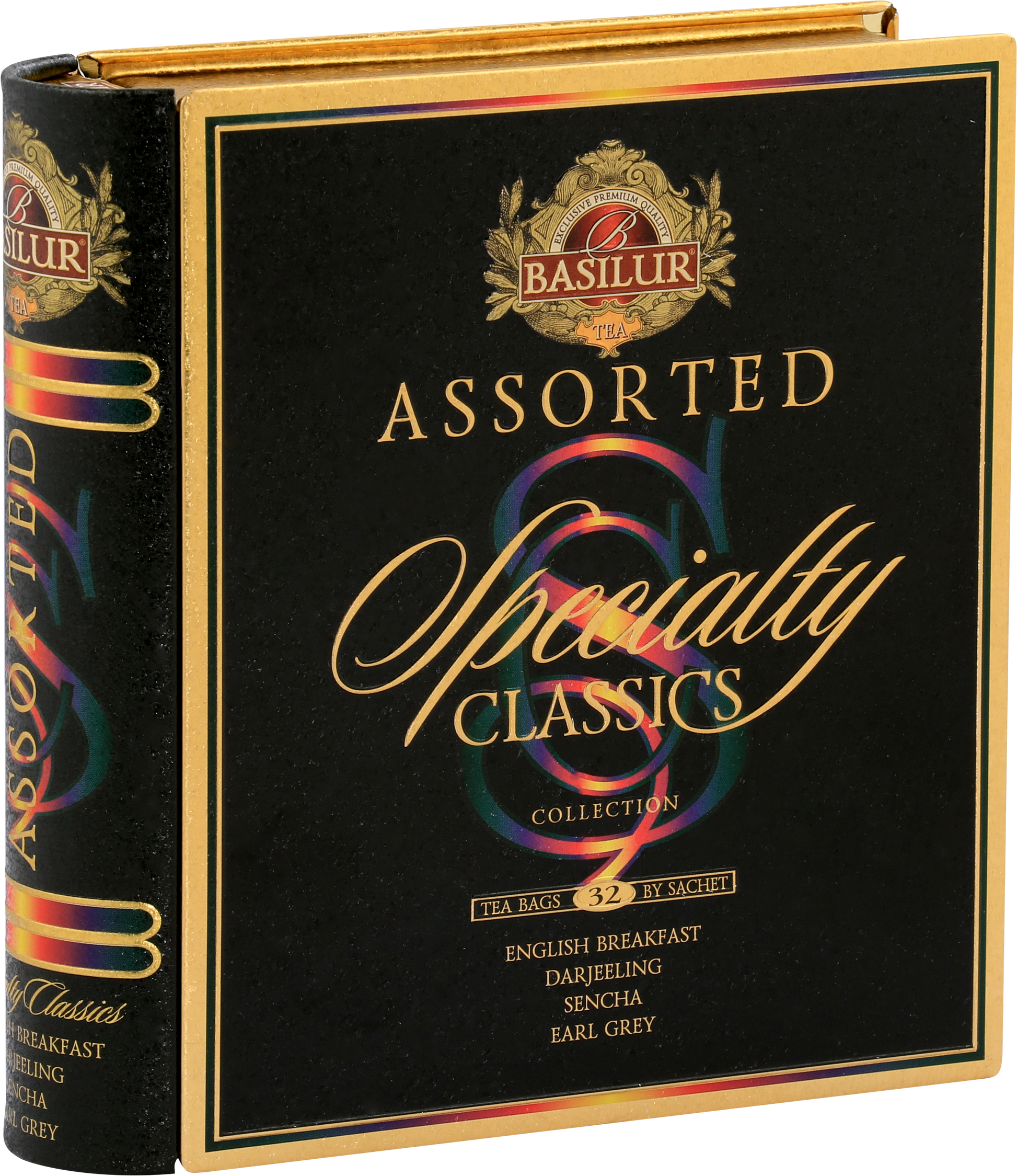 Zbliżenie na front opakowania Basilur Specialty Classics z logo i nazwami herbat.