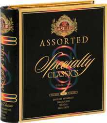 Zbliżenie na front opakowania Basilur Specialty Classics z logo i nazwami herbat.