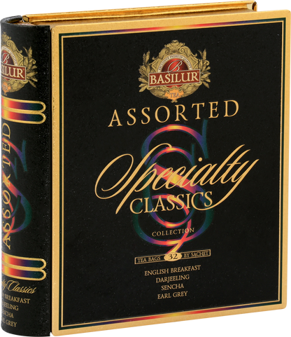 Zbliżenie na front opakowania Basilur Specialty Classics z logo i nazwami herbat.