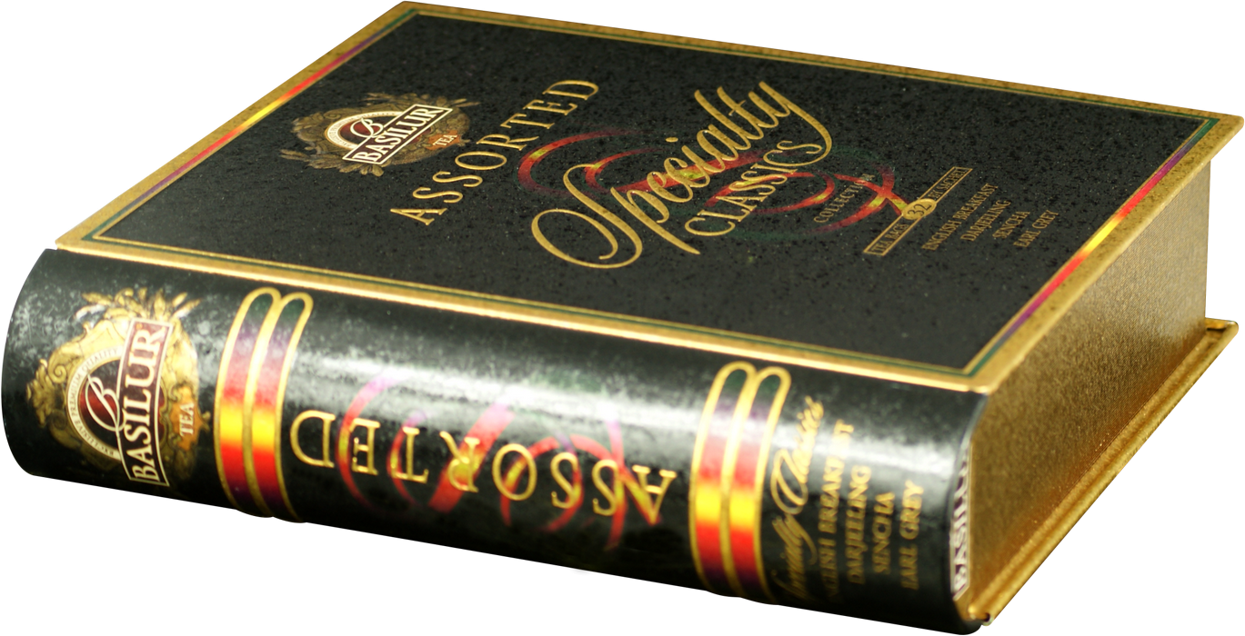 Pudełko herbat Basilur Specialty Classics w kształcie eleganckiej książki.