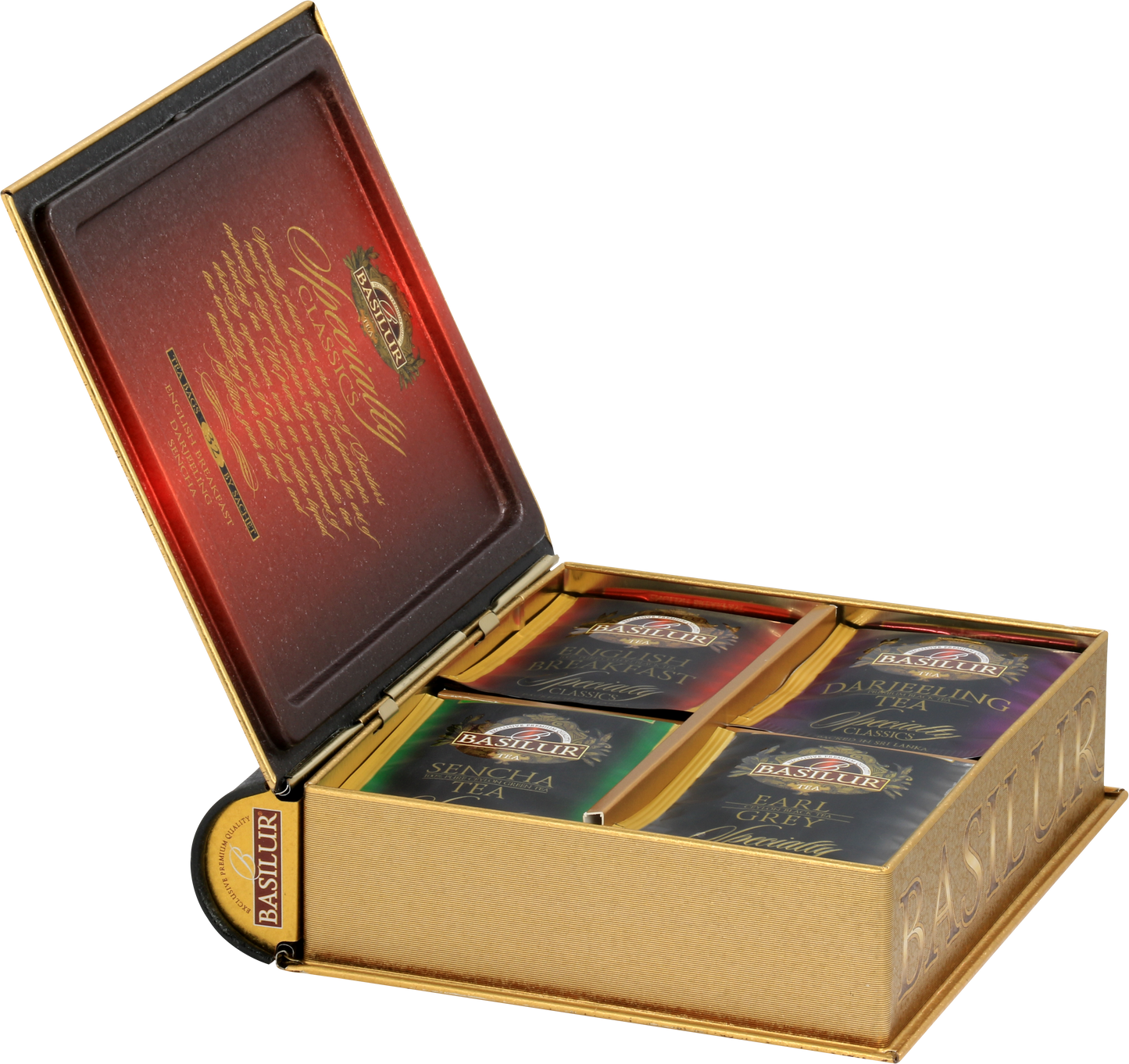 Zestaw herbat Basilur Specialty Classics w otwartym pudełku prezentowym z czterema rodzajami herbat.