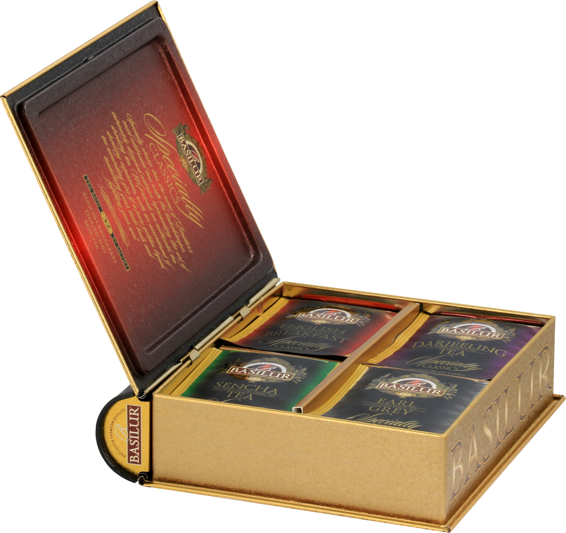 Zestaw herbat Basilur Specialty Classics w otwartym pudełku prezentowym z czterema rodzajami herbat.