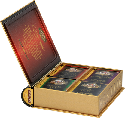 Zestaw herbat Basilur Specialty Classics w otwartym pudełku prezentowym z czterema rodzajami herbat.