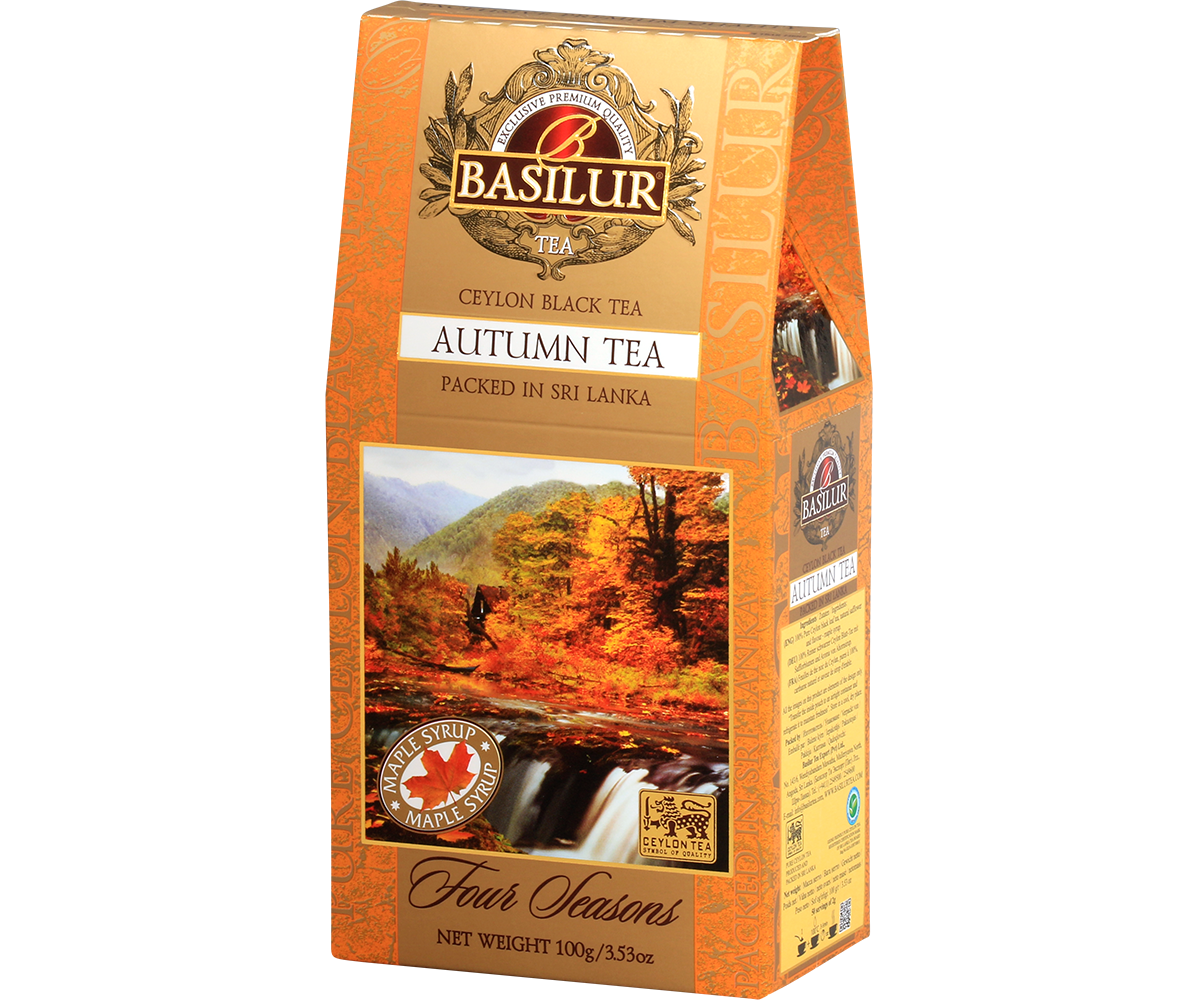 Opakowanie herbaty Basilur Autumn Tea – bok z opisem i grafiką jesiennego krajobrazu.