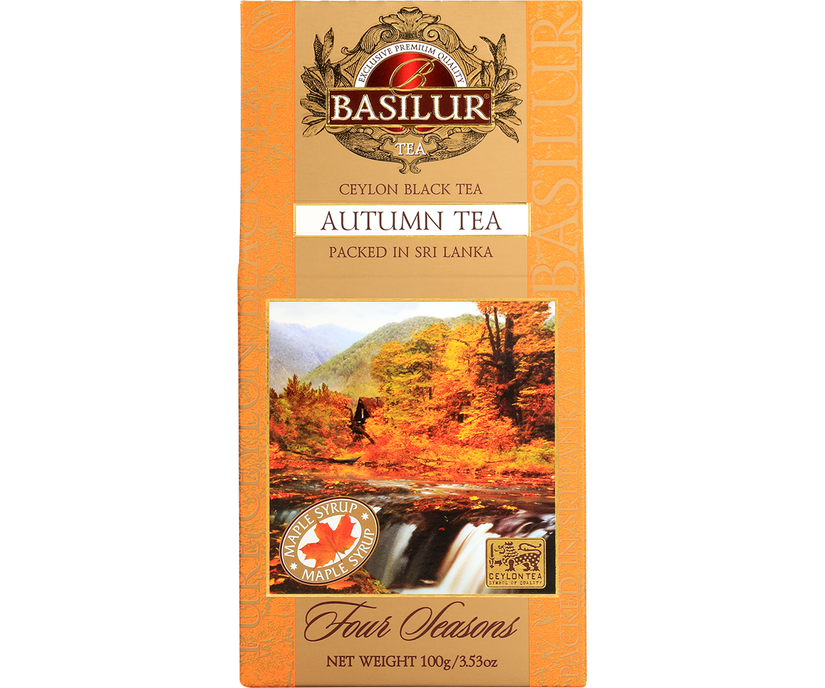 Herbata Basilur Autumn Tea Four Seasons – opakowanie z motywem jesiennych liści.