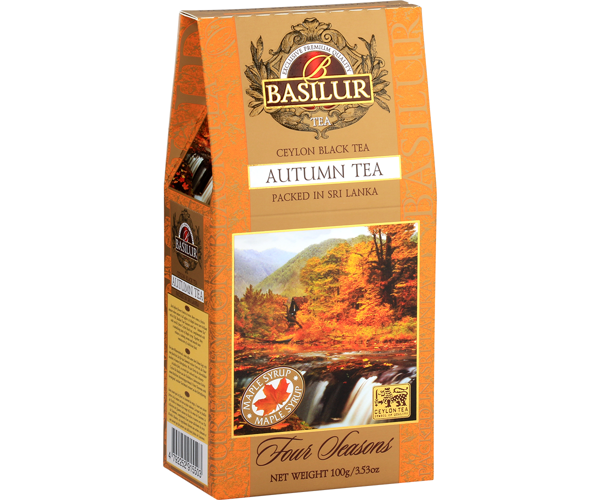 Czarna herbata Basilur Autumn Tea w złoto-pomarańczowym opakowaniu – widok z przodu.