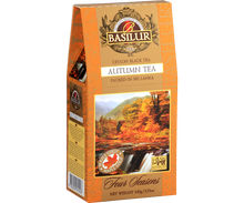 Czarna herbata Basilur Autumn Tea w złoto-pomarańczowym opakowaniu – widok z przodu.