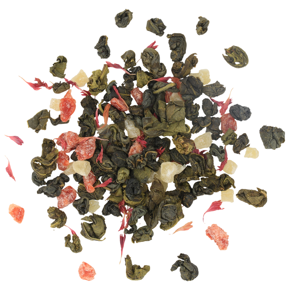 Zbliżenie na liście herbaty Basilur Spring Tea z kawałkami owoców i płatków kwiatów