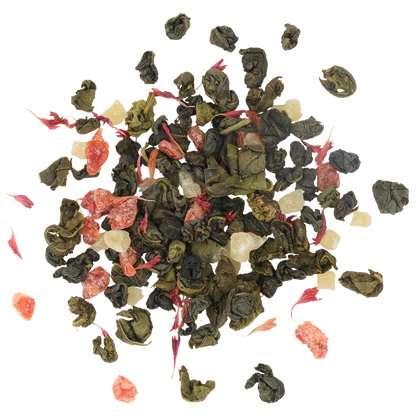 Zbliżenie na liście herbaty Basilur Spring Tea z kawałkami owoców i płatków kwiatów