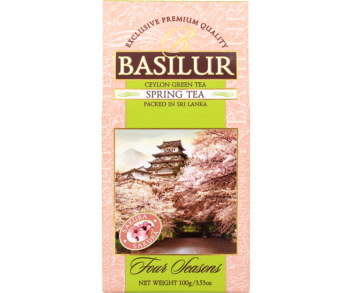 Front opakowania Basilur Spring Tea zielona herbata z aromatem wiśni sakura