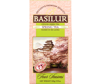 Front opakowania Basilur Spring Tea zielona herbata z aromatem wiśni sakura