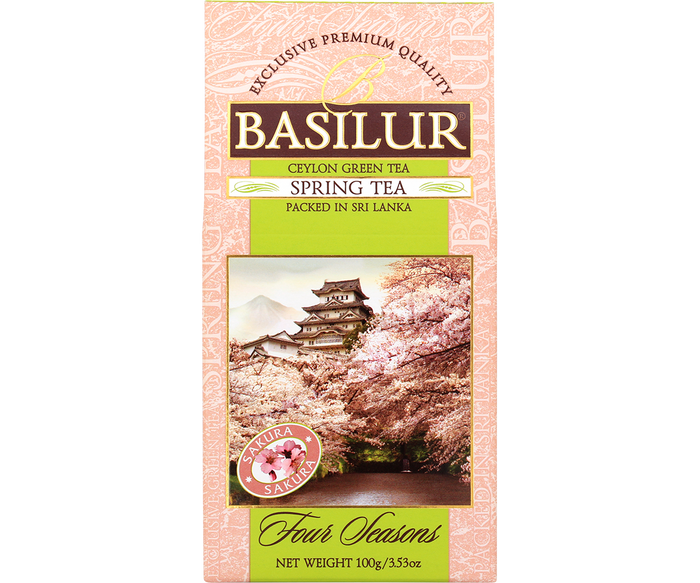Front opakowania Basilur Spring Tea zielona herbata z aromatem wiśni sakura