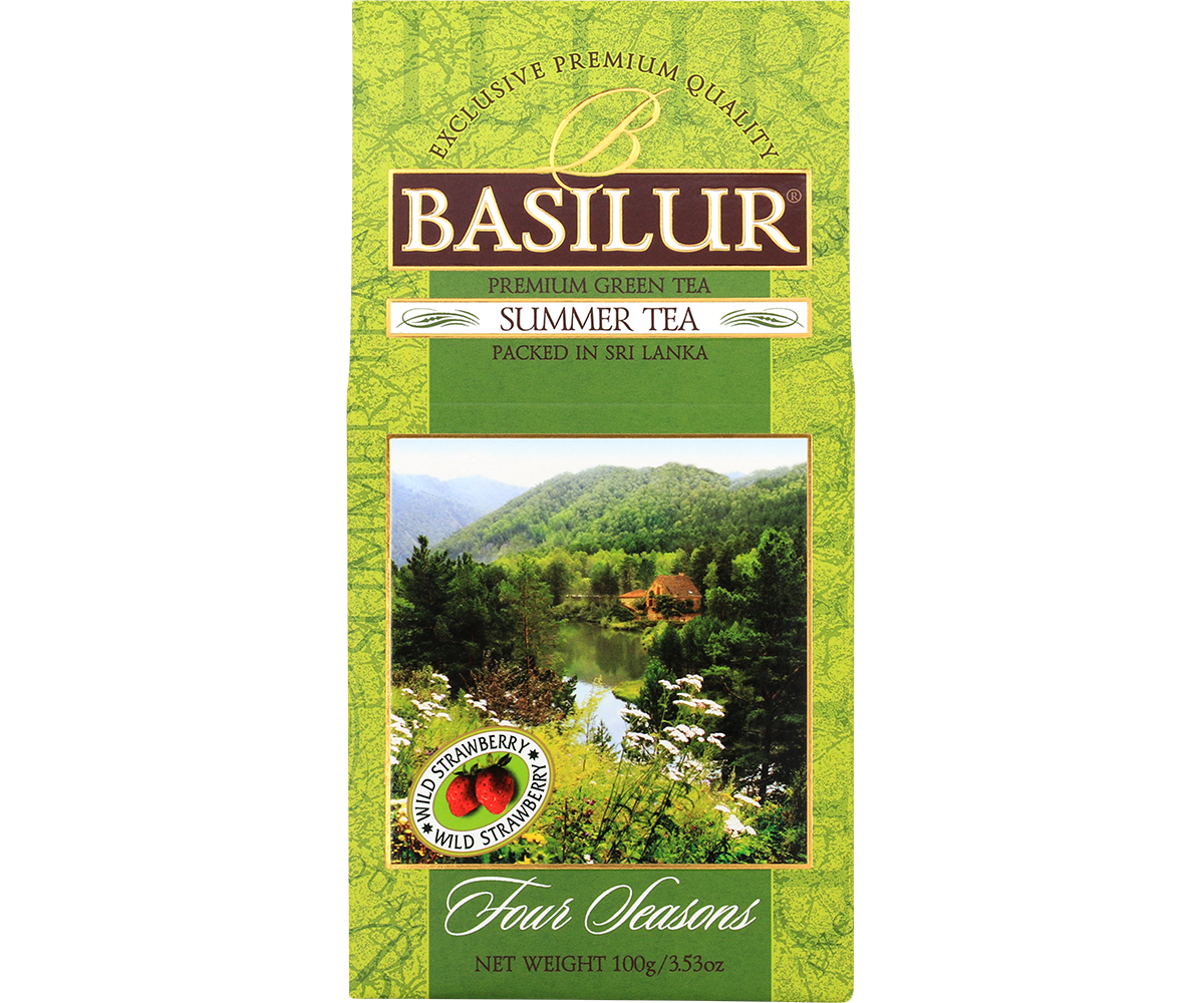 Zielona herbata Basilur Summer Tea – opakowanie z grafiką natury i jeziorem.