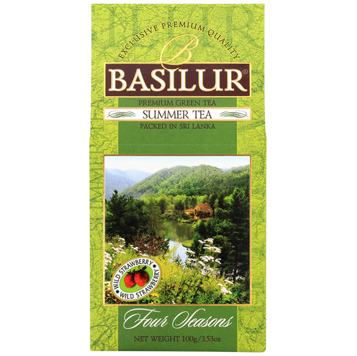 Zielona herbata Basilur Summer Tea – opakowanie z grafiką natury i jeziorem.