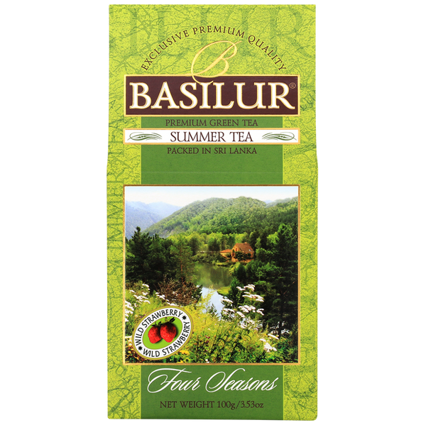 Zielona herbata Basilur Summer Tea – opakowanie z grafiką natury i jeziorem.