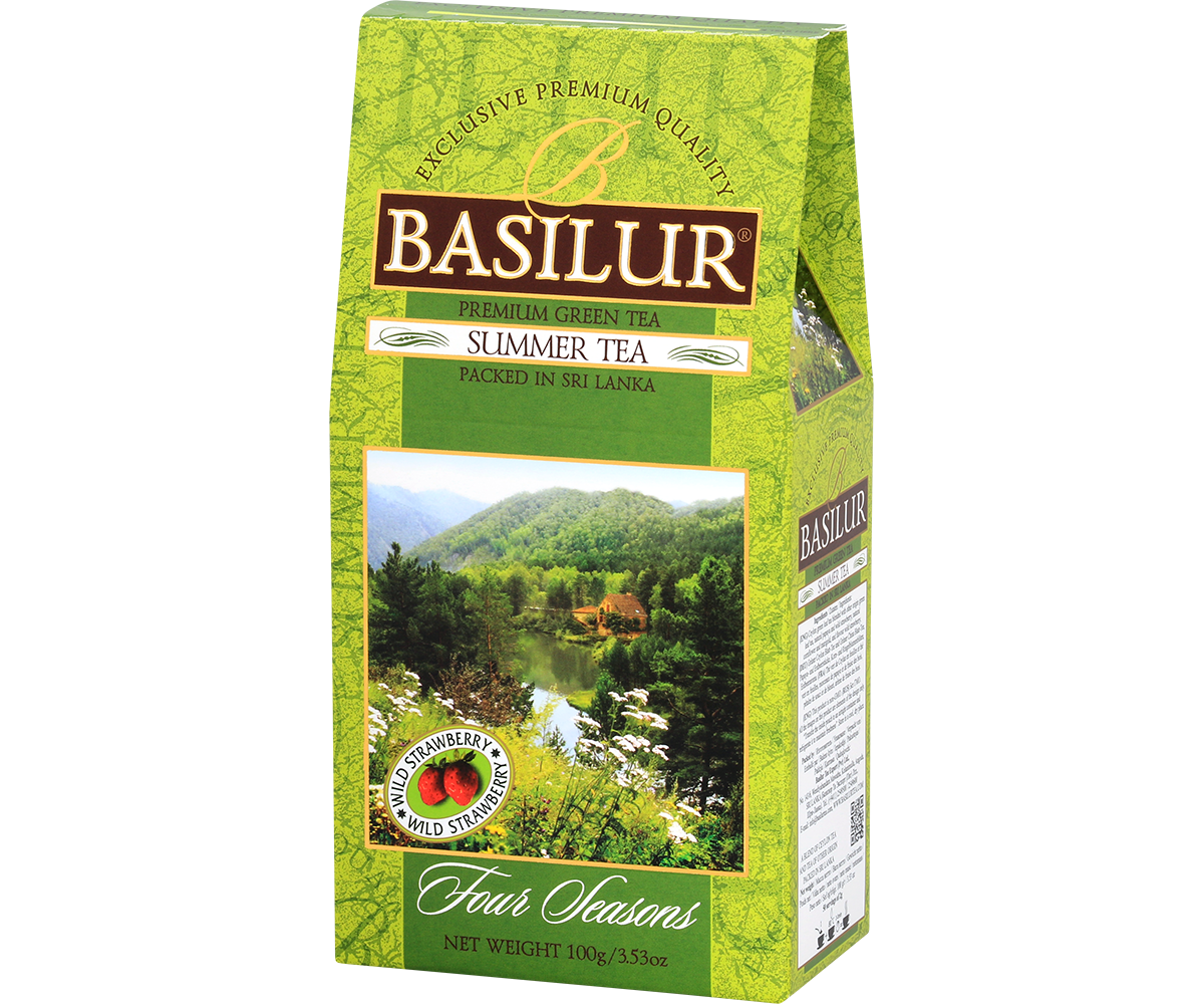 Zielona herbata Basilur Summer Tea w opakowaniu z motywem letniego krajobrazu.