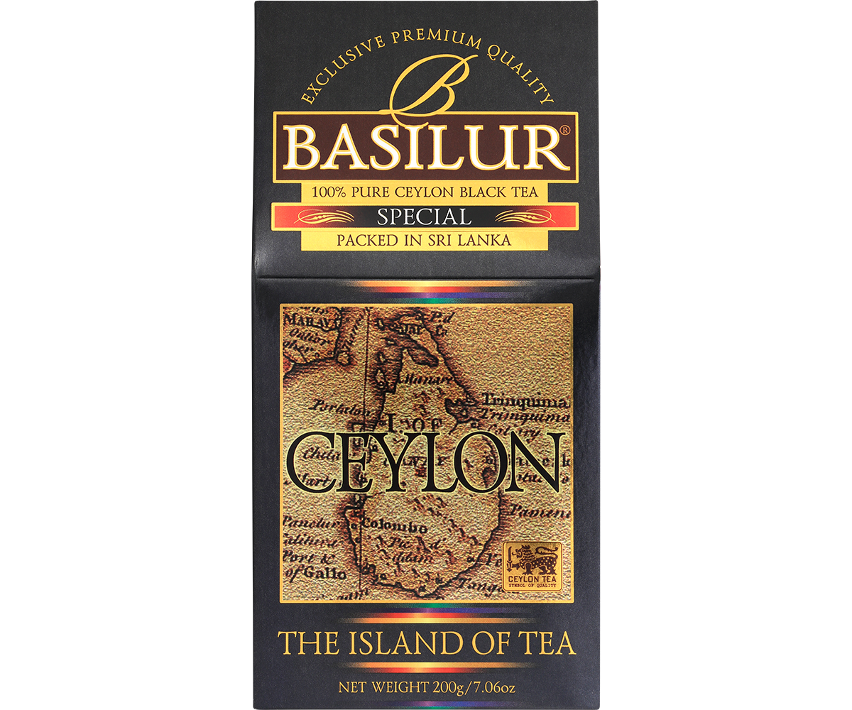 Front pudełka Basilur Special z mapą Cejlonu i logo marki Basilur.