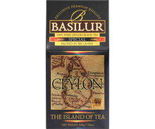 Front pudełka Basilur Special z mapą Cejlonu i logo marki Basilur.