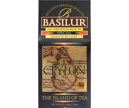 Front pudełka Basilur Special z mapą Cejlonu i logo marki Basilur.