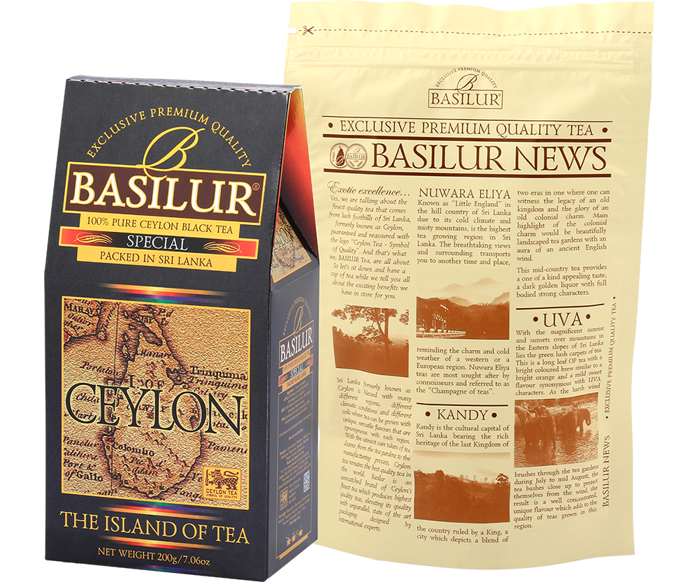 Opakowanie Basilur Special z informacjami o regionach herbacianych Sri Lanki.