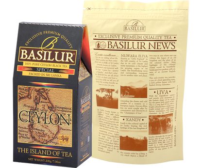 Opakowanie Basilur Special z informacjami o regionach herbacianych Sri Lanki.