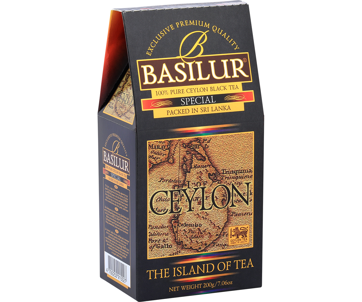 Opakowanie Basilur Special widoczne z lewej strony, klasyczny design z mapą Cejlonu.