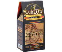 Opakowanie Basilur Special widoczne z lewej strony, klasyczny design z mapą Cejlonu.