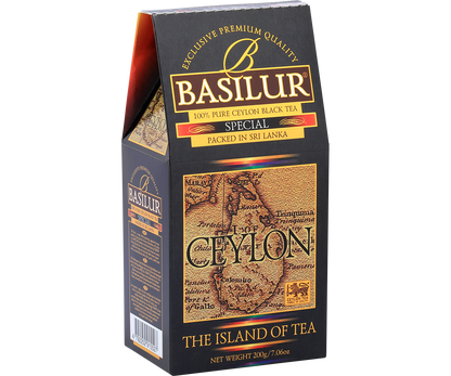 Opakowanie Basilur Special widoczne z lewej strony, klasyczny design z mapą Cejlonu.