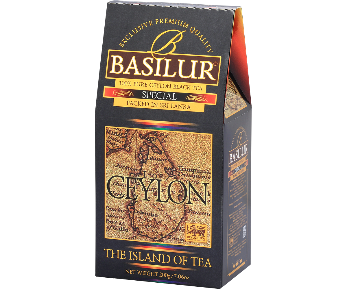 Opakowanie Basilur Special widoczne z prawej strony, eleganckie złoto-czarne wykończenie.