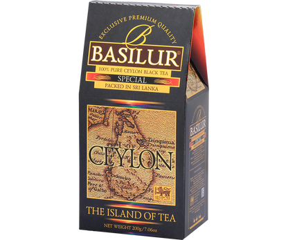 Opakowanie Basilur Special widoczne z prawej strony, eleganckie złoto-czarne wykończenie.