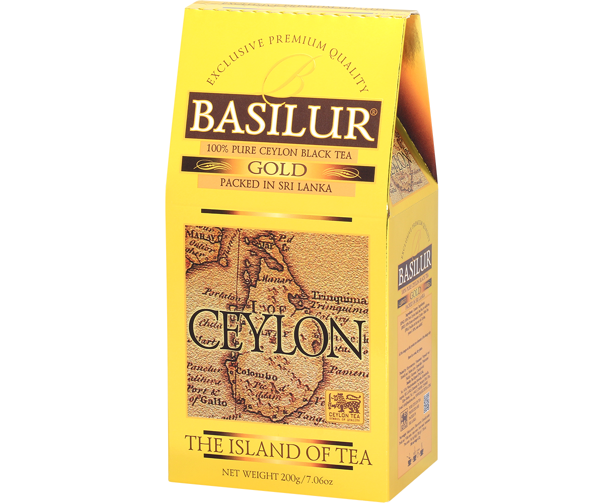 Herbata Basilur Gold widoczna z lewej strony, elegancki złoty karton.