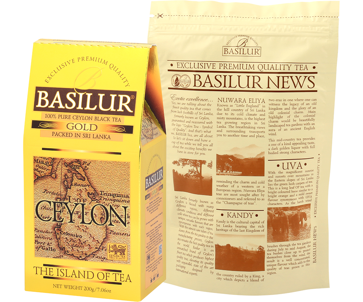 Tył opakowania Basilur Gold z informacjami o regionach herbacianych Sri Lanki.