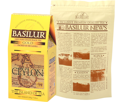 Tył opakowania Basilur Gold z informacjami o regionach herbacianych Sri Lanki.