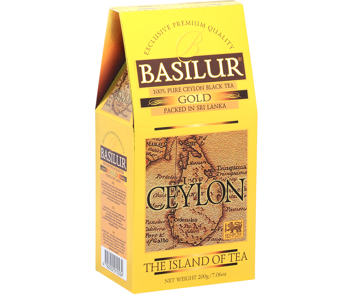 Opakowanie Basilur Gold widoczne z prawej strony, klasyczny design marki Basilur.