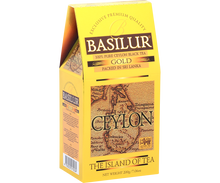 Opakowanie Basilur Gold widoczne z prawej strony, klasyczny design marki Basilur.