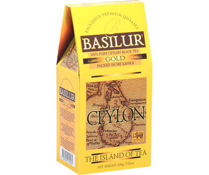 Opakowanie Basilur Gold widoczne z prawej strony, klasyczny design marki Basilur.