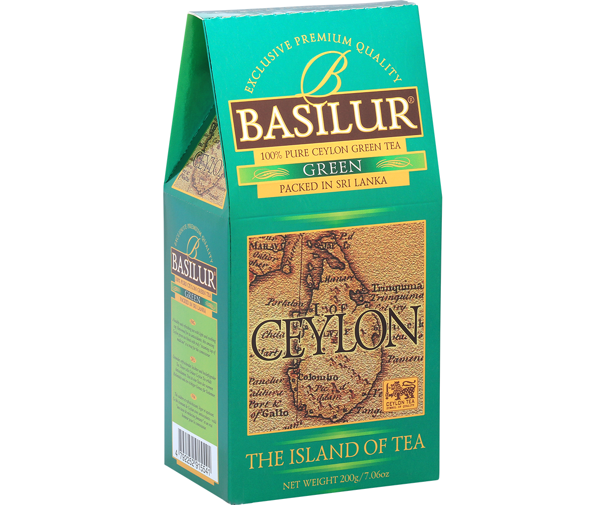 Bok opakowania Basilur Green z logo i informacjami o herbacie.