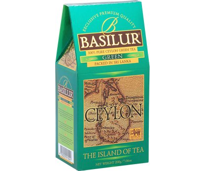 Bok opakowania Basilur Green z logo i informacjami o herbacie.