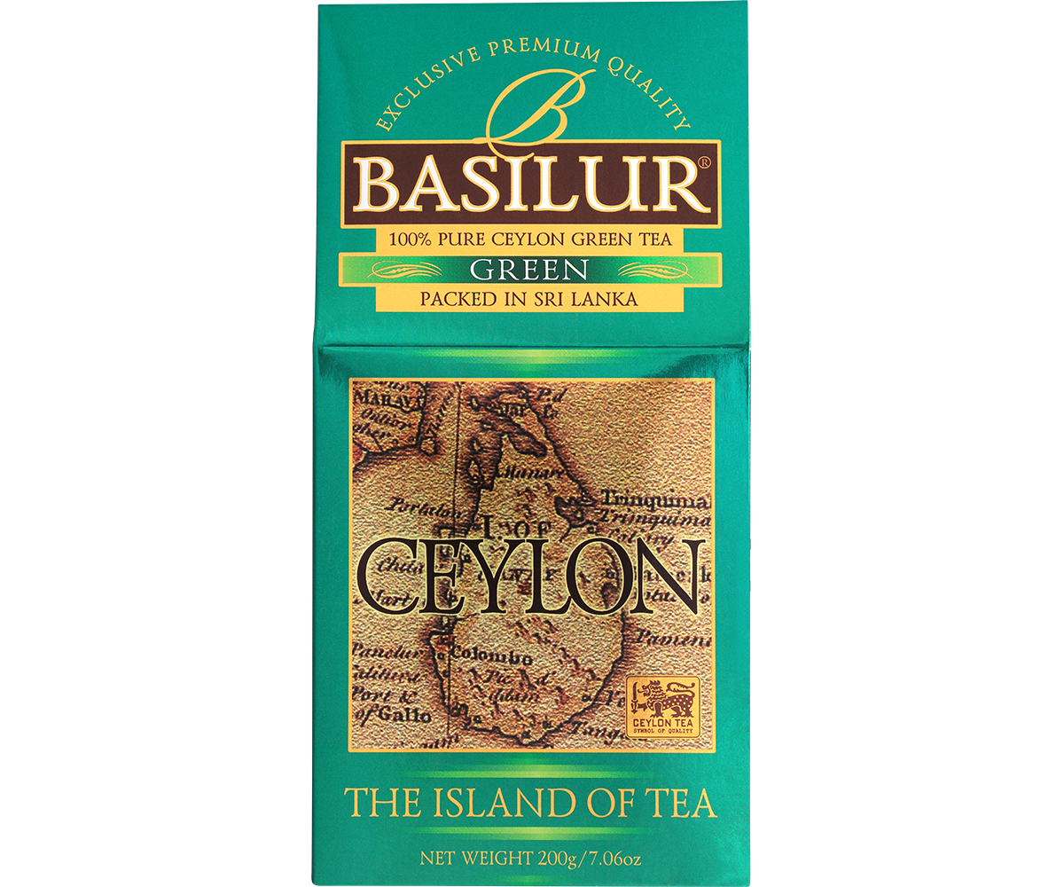 Opakowanie herbaty Basilur Green z mapą Cejlonu, zielona herbata cejlońska.