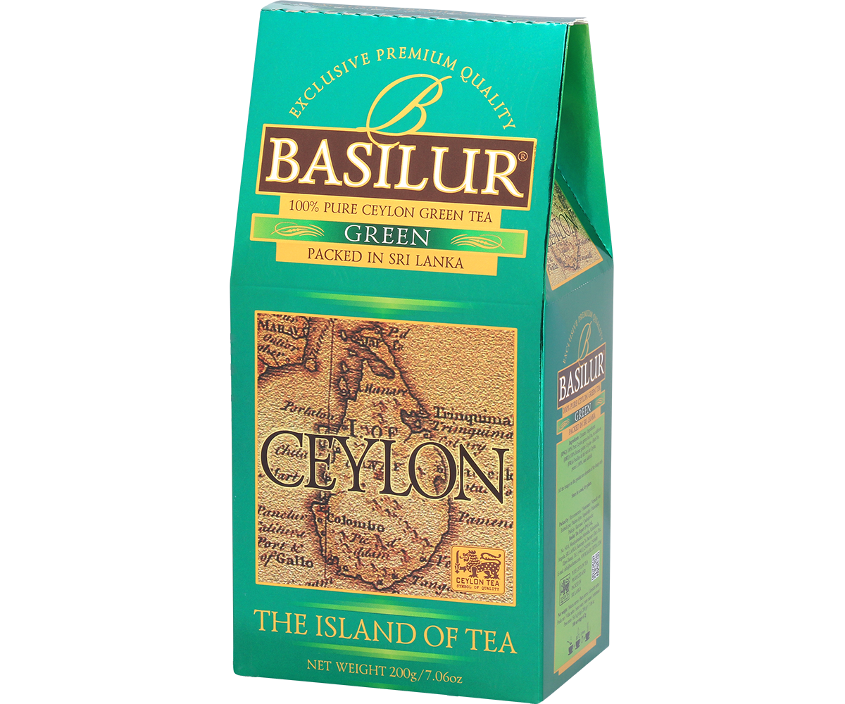 Pudełko herbaty Basilur Green widok skośny, klasyczna zielona herbata z Cejlonu.