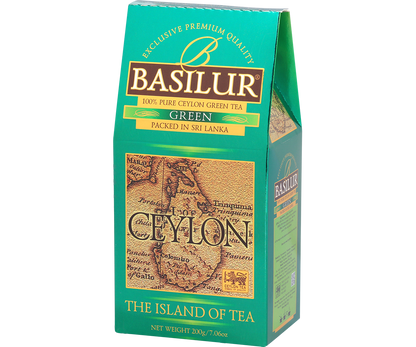 Pudełko herbaty Basilur Green widok skośny, klasyczna zielona herbata z Cejlonu.