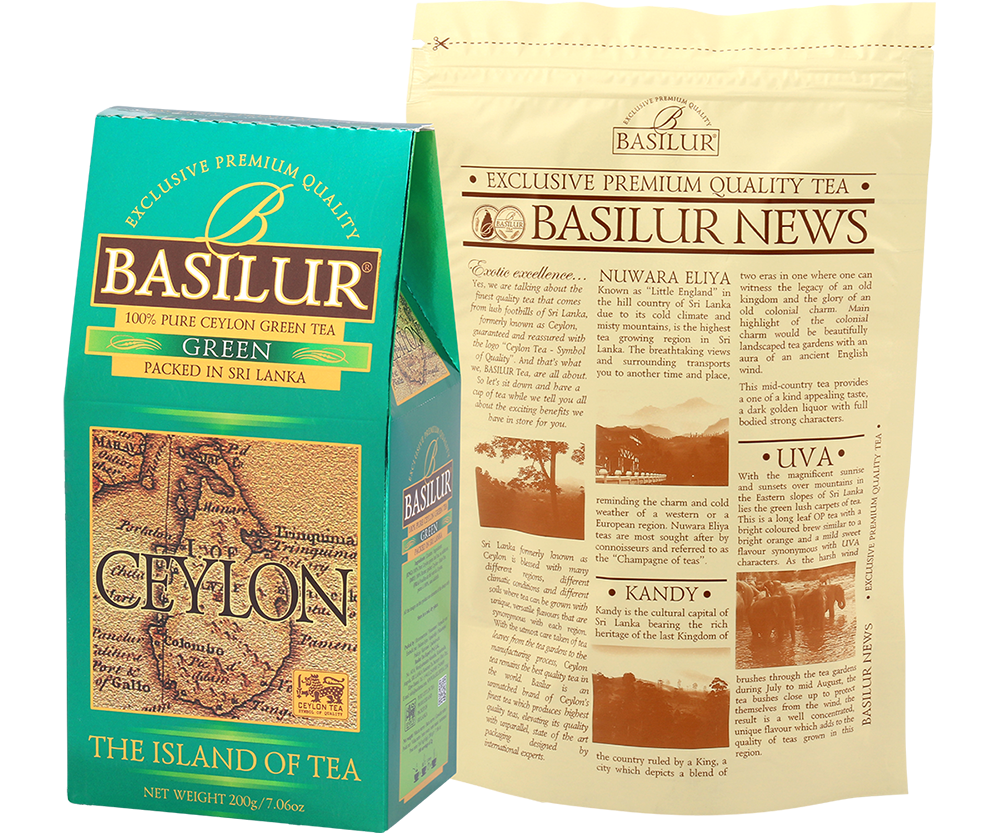 Herbata Basilur Green w opakowaniu z zamknięciem typu zipper.