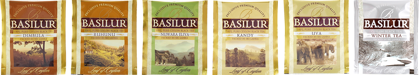 Koperty herbat Basilur Leaf of Ceylon i Winter Tea, różne smaki herbat czarnych z Cejlonu.